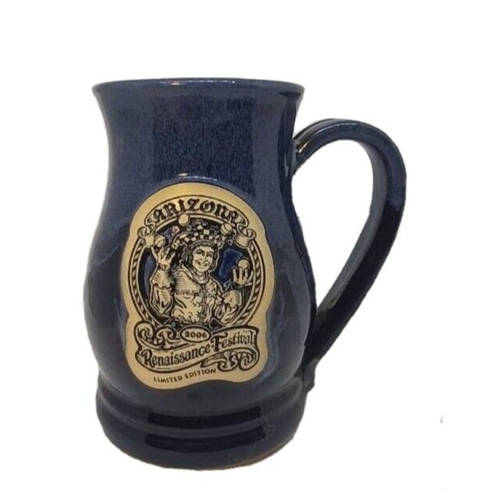 Fox Pottery 2006 LTD ED Arizona Renaissance Festival Mug Jester Emblem Blue/Gray